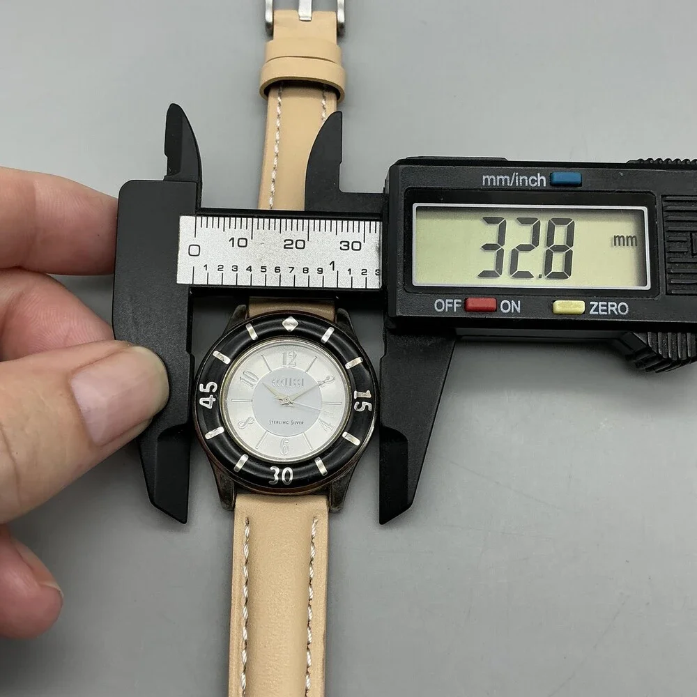 Ecclissi Womens Watch 33mm Sterling Silver Black Beige Leather 23515 New Battery